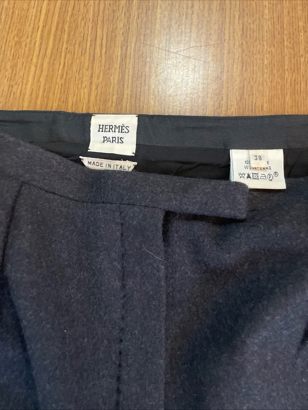 Hermes Wool Mini Skirt with Front Tab Detail Silk Lining